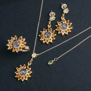 K18 スモーキークオーツの花が耳元でくるくると動きます！ ひまわり揺れるK18シトリンピアス｜甲州貴石切子スモーキー