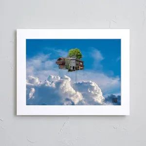現代アートポスター】 空想 青い空 空飛ぶ家 夢 写真コラージュ A3(M
